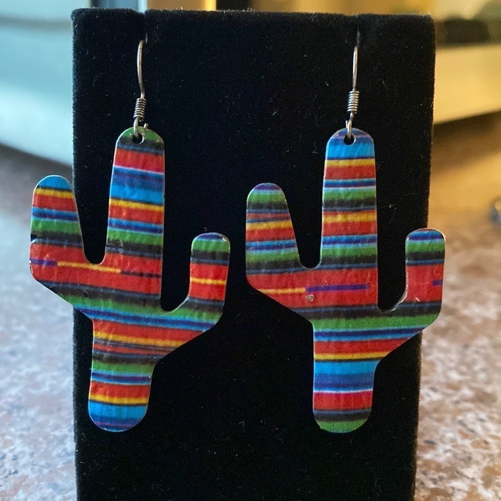 COLORFUL large painted cactus metal dangle on French wire earrings